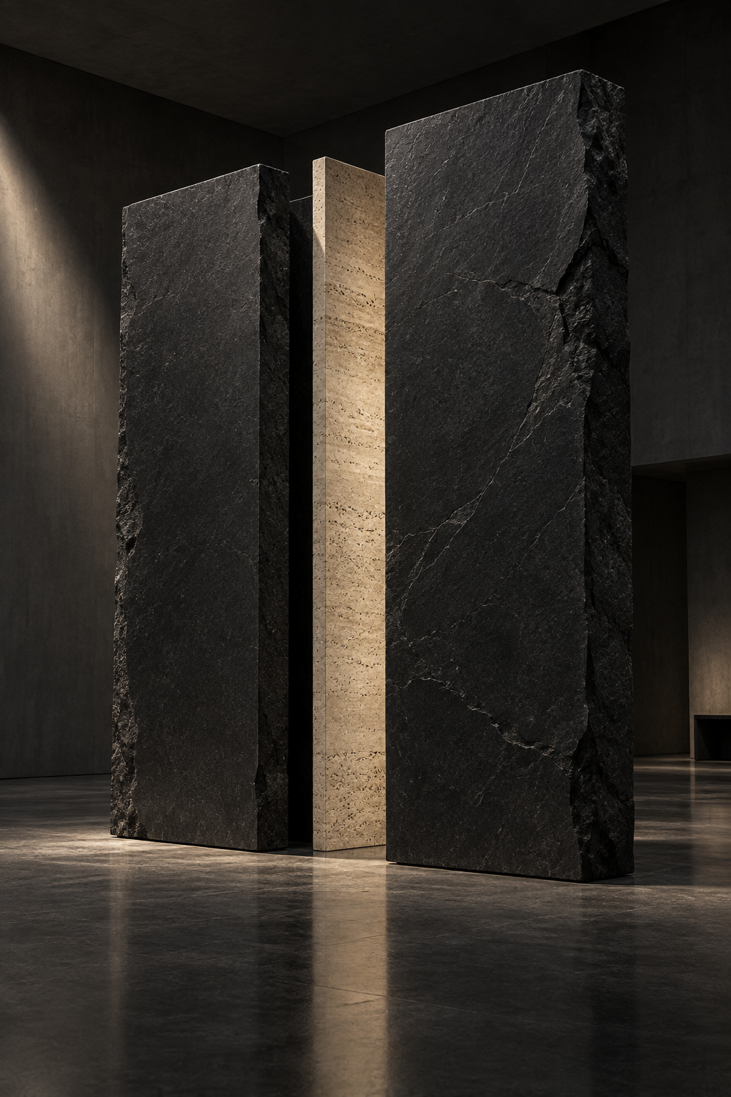 Original concept artwork: monumental basalt and travertine slabs